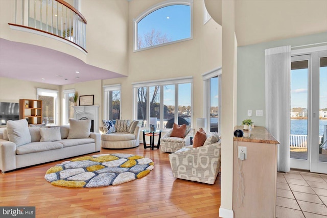 living room with light wood-type flooring and a water view