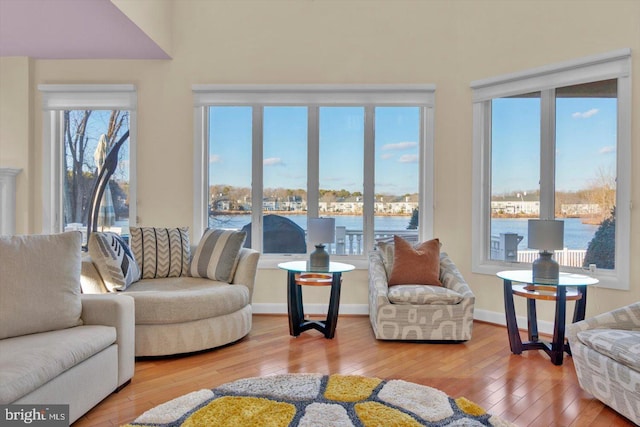 living room featuring wood-type flooring and a water view