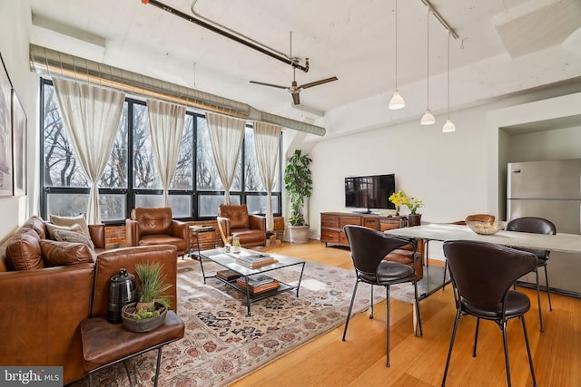 living room with light hardwood / wood-style flooring, rail lighting, and ceiling fan