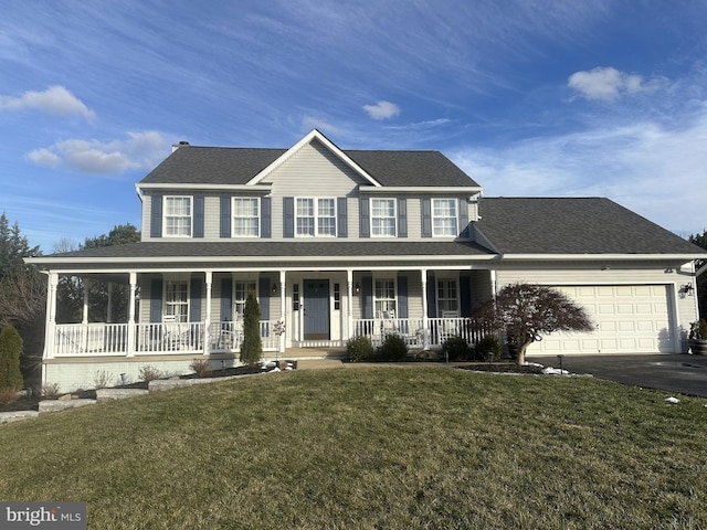 view of front of property with driveway, a garage, a shingled roof, a porch, and a front lawn