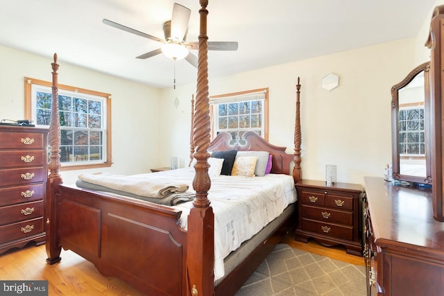 bedroom featuring ceiling fan and light wood-type flooring