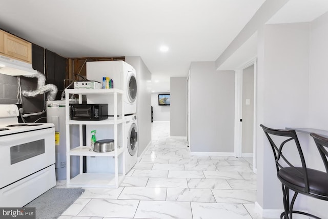 interior space with stacked washer / dryer, electric water heater, light brown cabinets, and white range with electric cooktop