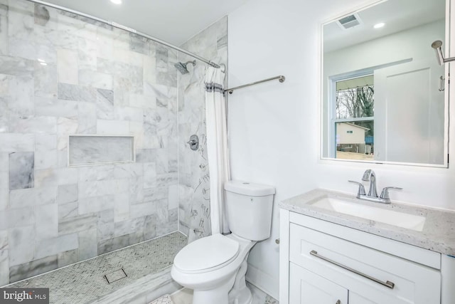 bathroom featuring toilet, vanity, and curtained shower