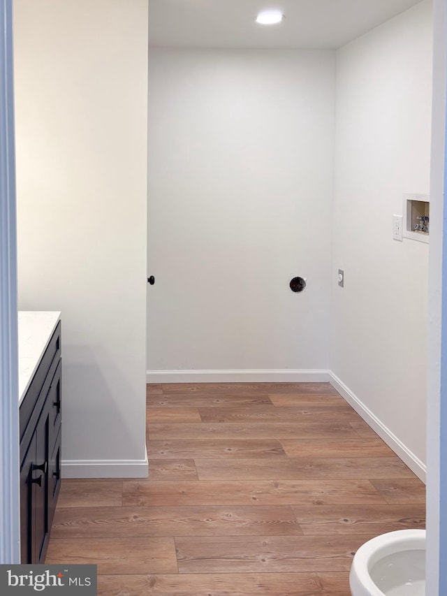 bathroom with wood-type flooring and vanity