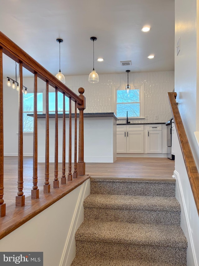 staircase with wood-type flooring and sink