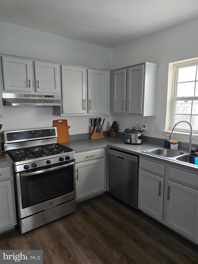 kitchen featuring stainless steel appliances, dark hardwood / wood-style floors, sink, and gray cabinetry