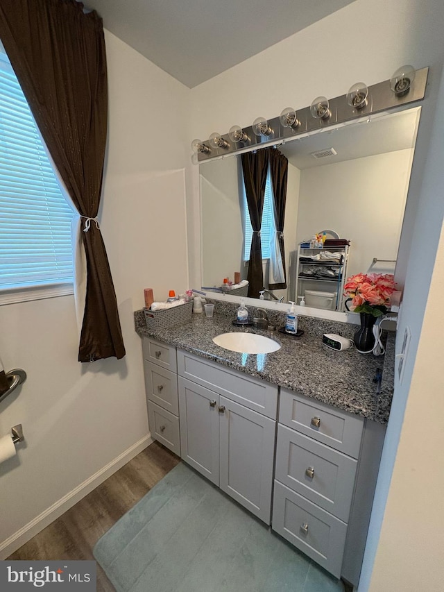 bathroom featuring hardwood / wood-style flooring and vanity