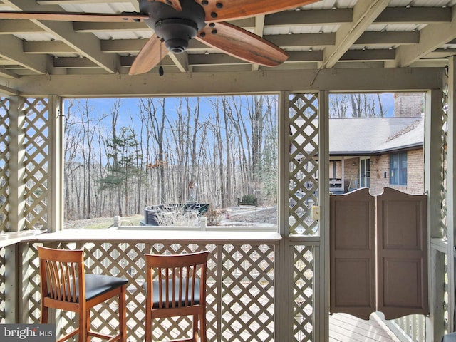 snow covered deck featuring ceiling fan