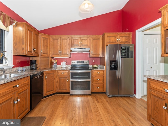 kitchen featuring sink, vaulted ceiling, stainless steel appliances, and light hardwood / wood-style flooring