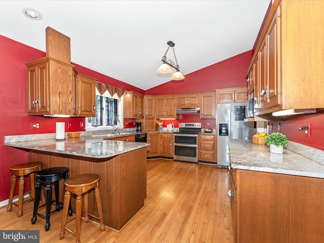 kitchen featuring hanging light fixtures, light wood-type flooring, stainless steel appliances, and kitchen peninsula