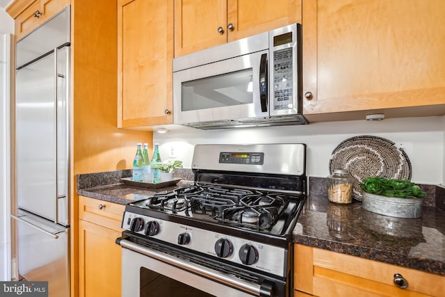 kitchen with appliances with stainless steel finishes and dark stone countertops