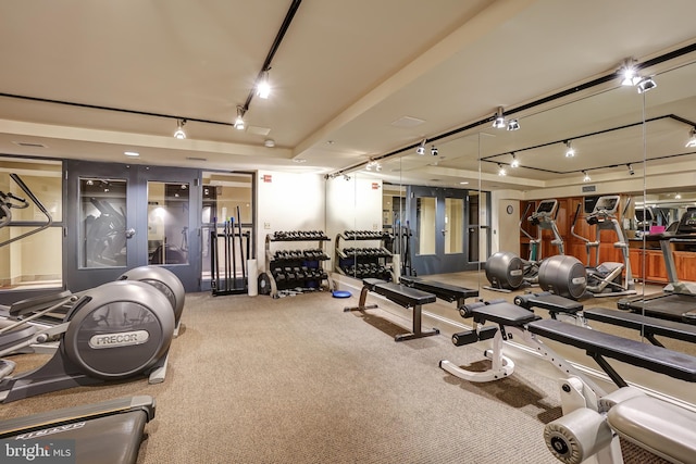 exercise room with track lighting and carpet flooring