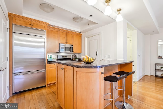 kitchen featuring dark stone counters, a raised ceiling, stainless steel appliances, and light hardwood / wood-style flooring