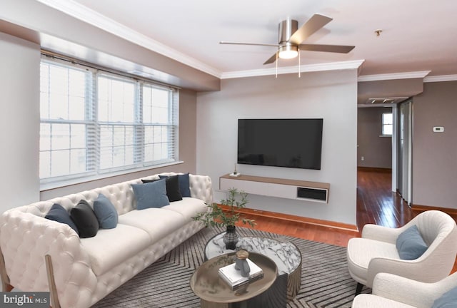 living room with crown molding, dark hardwood / wood-style floors, and ceiling fan