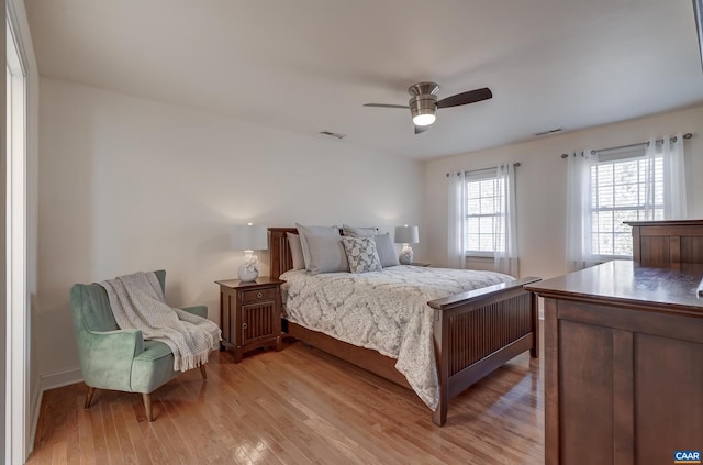 bedroom with ceiling fan and light wood-type flooring