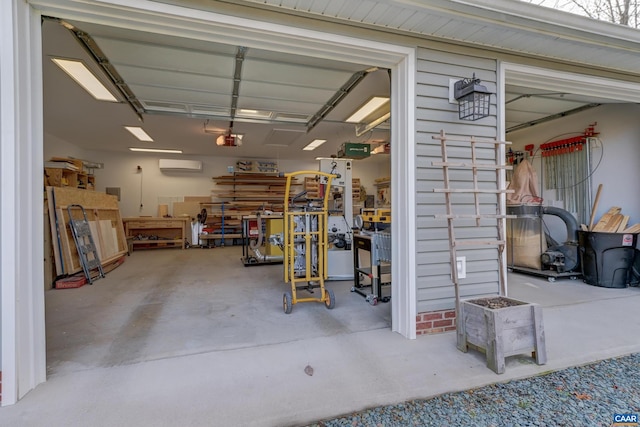 garage featuring a wall mounted air conditioner and a garage door opener