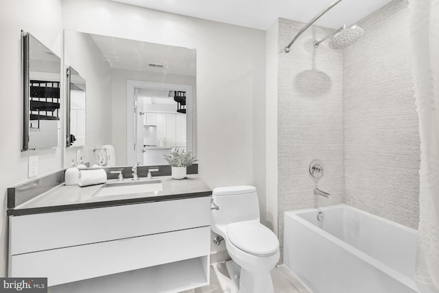 bathroom with vanity, shower / bathing tub combination, toilet, and visible vents