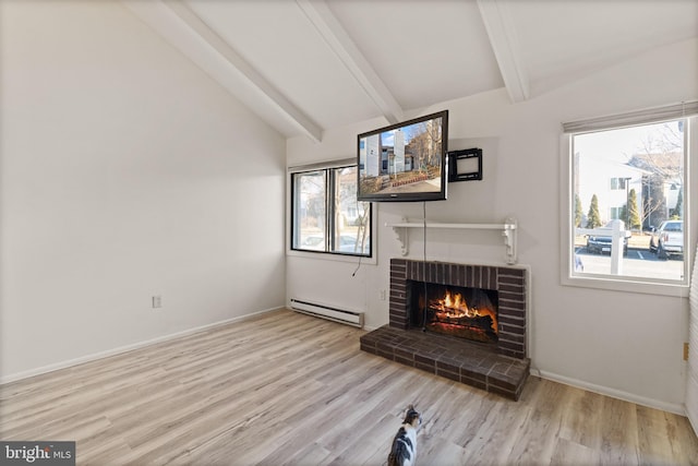 living room with light hardwood / wood-style flooring, a brick fireplace, a baseboard radiator, and lofted ceiling with beams