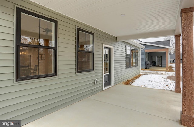 view of snow covered patio