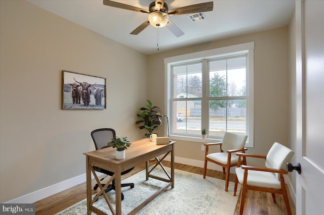 office with ceiling fan and light hardwood / wood-style flooring