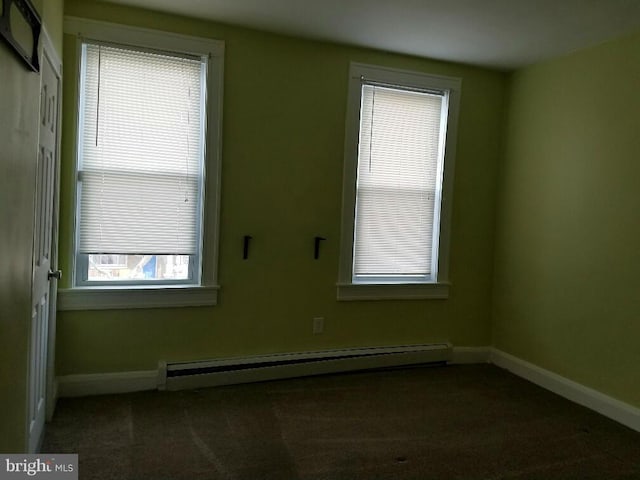 carpeted empty room featuring a baseboard radiator