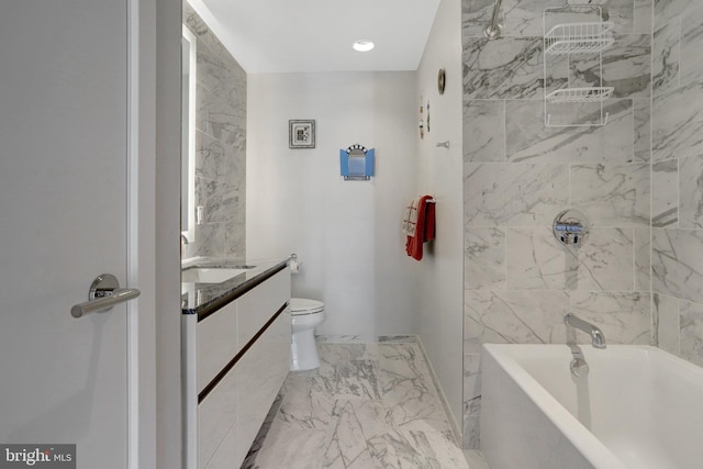 bathroom featuring  shower combination, marble finish floor, vanity, and toilet