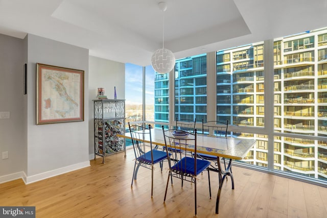 dining space with a wall of windows, a raised ceiling, baseboards, and wood finished floors