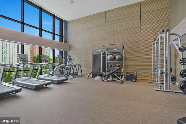 gym with a city view and a towering ceiling