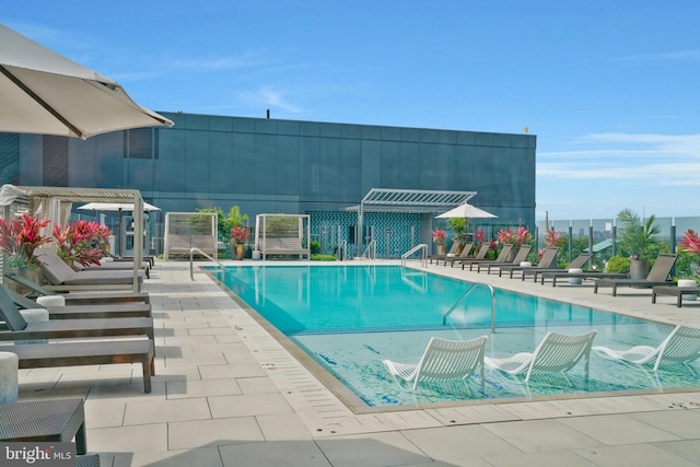 pool with a patio area, fence, and a pergola