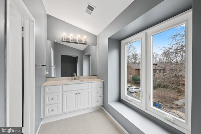 bathroom with vanity, vaulted ceiling, and a wealth of natural light