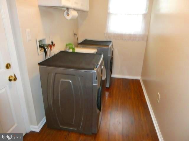 clothes washing area featuring independent washer and dryer and dark wood-type flooring