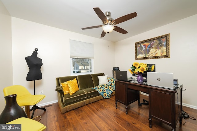 office space featuring ceiling fan and wood-type flooring