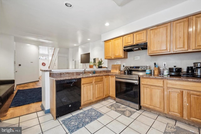 kitchen with sink, light tile patterned floors, black dishwasher, stainless steel electric range oven, and kitchen peninsula