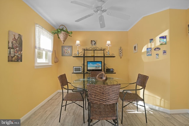 204 E Marengo, Saint Michaels, MD 21663 - dining area featuring ornamental molding, ceiling fan, and light wood-type flooring