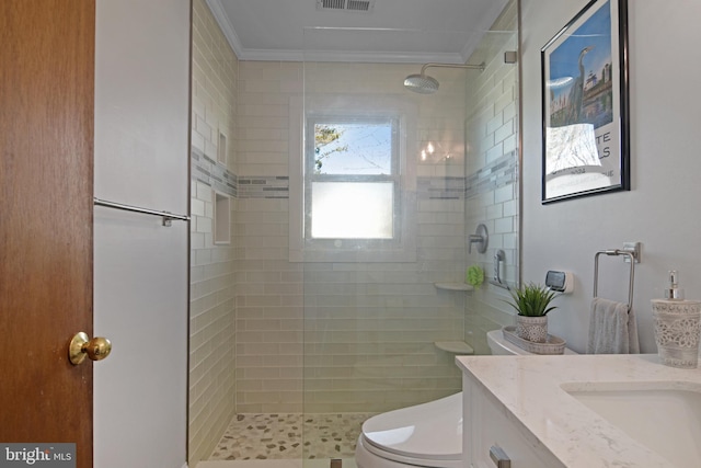 204 E Marengo, Saint Michaels, MD 21663 - bathroom with crown molding, vanity, toilet, and walk in shower
