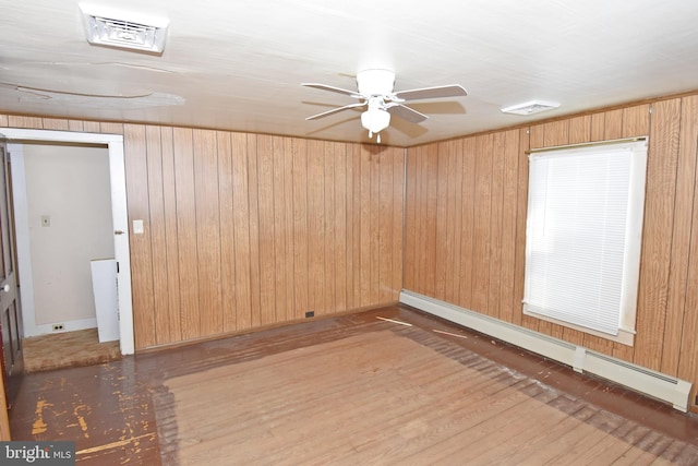 empty room featuring wood walls, visible vents, and a baseboard heating unit