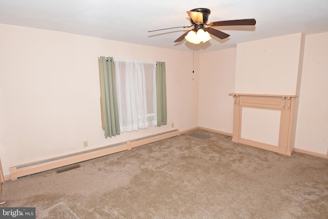 spare room featuring baseboards, a baseboard heating unit, a ceiling fan, and light colored carpet