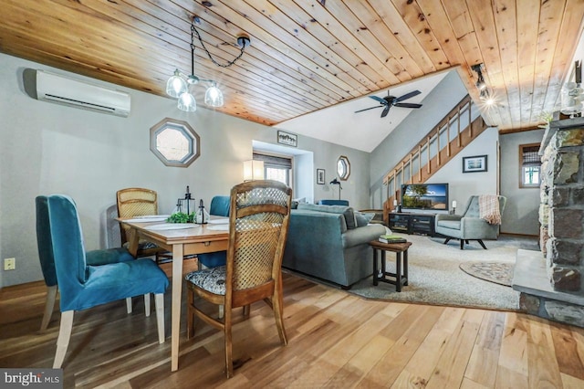 dining space with lofted ceiling, a wall mounted AC, hardwood / wood-style flooring, ceiling fan, and wooden ceiling