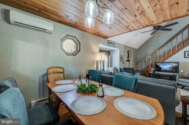 dining area with lofted ceiling, a wall mounted AC, wooden ceiling, ceiling fan, and a baseboard heating unit