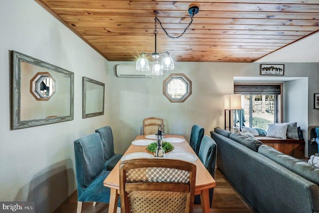 dining space with wood ceiling, hardwood / wood-style floors, and an AC wall unit