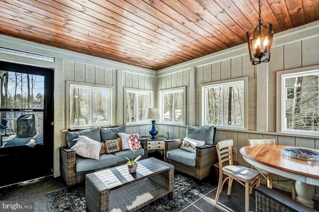 sunroom with wooden ceiling