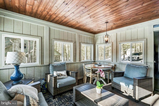 sunroom / solarium featuring wood ceiling