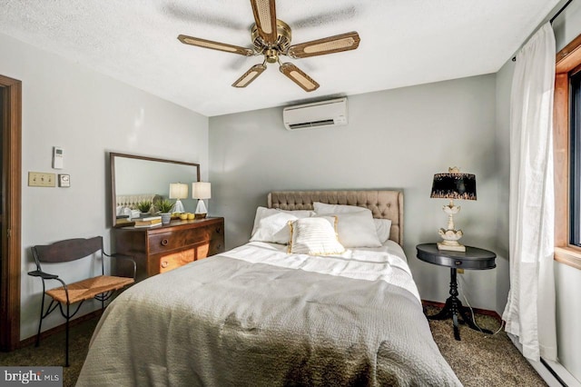 carpeted bedroom featuring ceiling fan, a textured ceiling, and a wall unit AC