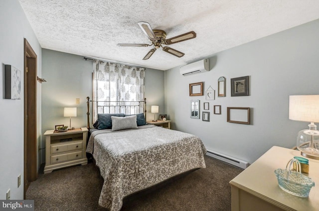 carpeted bedroom with ceiling fan, a textured ceiling, a wall unit AC, and a baseboard heating unit