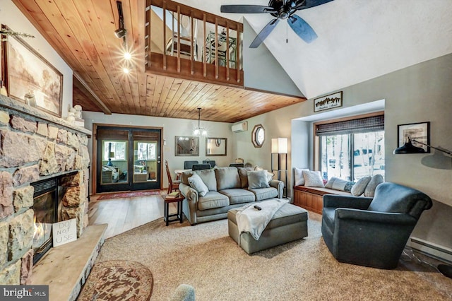 living room featuring high vaulted ceiling, a fireplace, a wall mounted AC, ceiling fan, and wooden ceiling