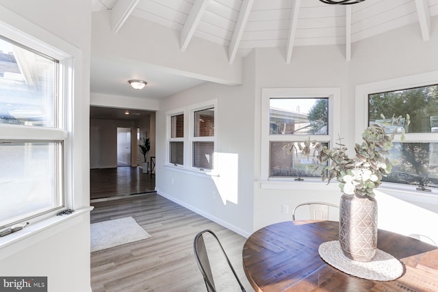 dining space with lofted ceiling with beams, a wealth of natural light, wooden ceiling, and light wood-type flooring