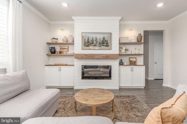 living room with a large fireplace, ornamental molding, dark wood-style flooring, and baseboards