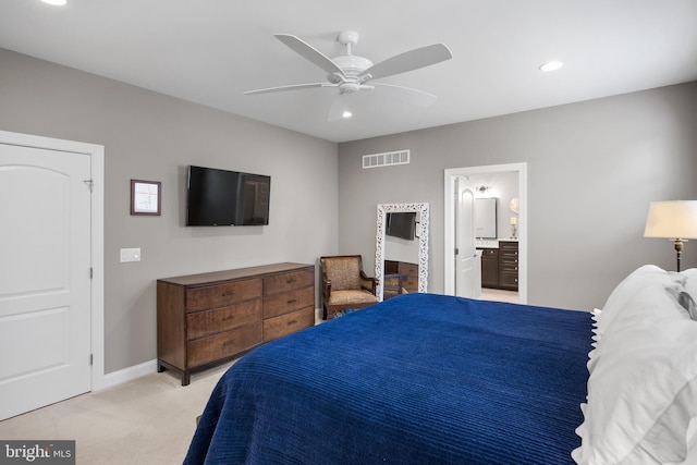 bedroom featuring ceiling fan, recessed lighting, light colored carpet, visible vents, and baseboards