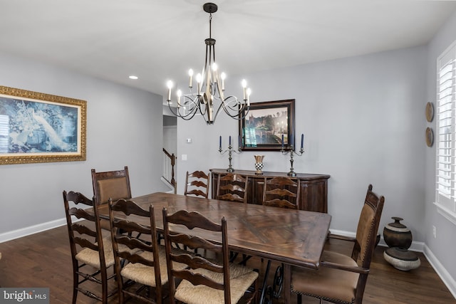 dining area with dark wood-style floors, recessed lighting, stairs, and baseboards