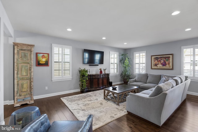 living room with dark wood-style floors, a wealth of natural light, and baseboards